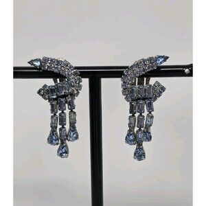 Vintage 1950s Blue Rhinestone Dangle Clip On Earrings Waterfall Baguette Teardro